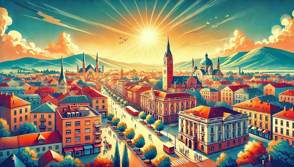 SEO optimizacija Velika Gorica prikazuje gradske znamenitosti i kulturnu baštinu, uključujući povijesne zgrade, kulturne spomenike i parkove, s toplom sunčanom atmosferom.
